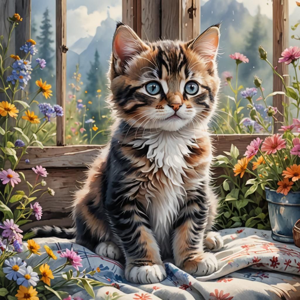 Cute Kitten Surrounded by Wildflowers, Watercolor Painting