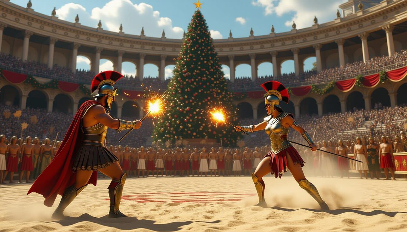 Gladiators with Firecrackers in Greek Arena, Christmas Tree ...