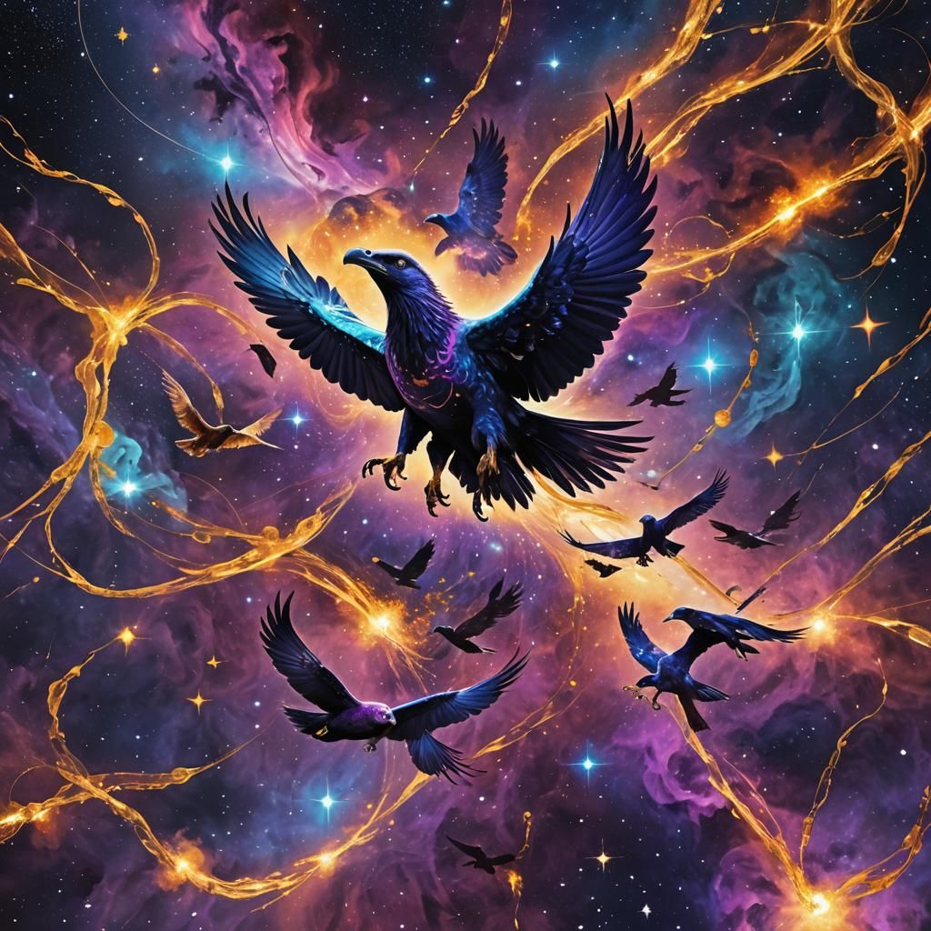Cosmic Vultures Protecting Planets in Surrealist Art