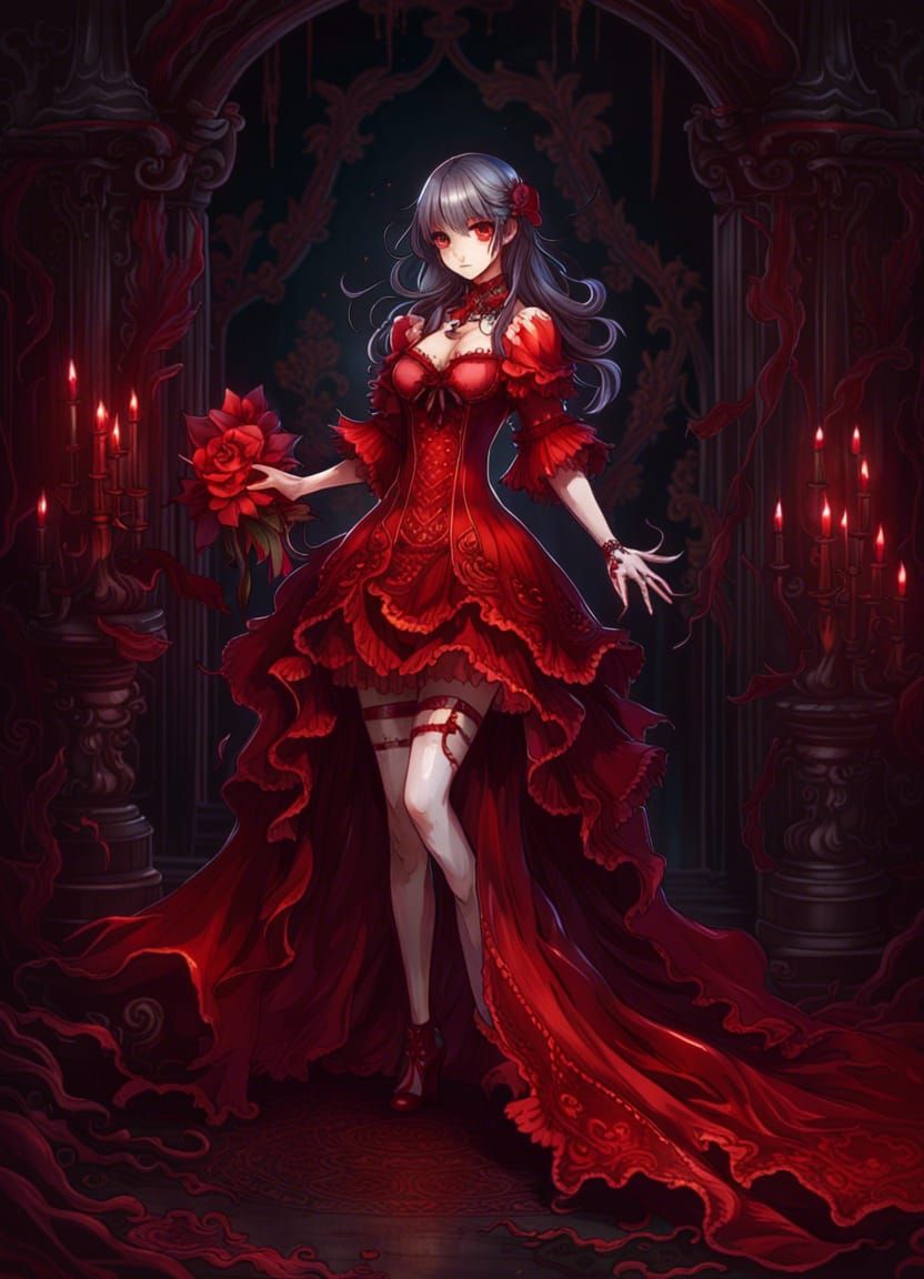 Bloodstained Ghost in Red Dress: Elegant Horror Illustration