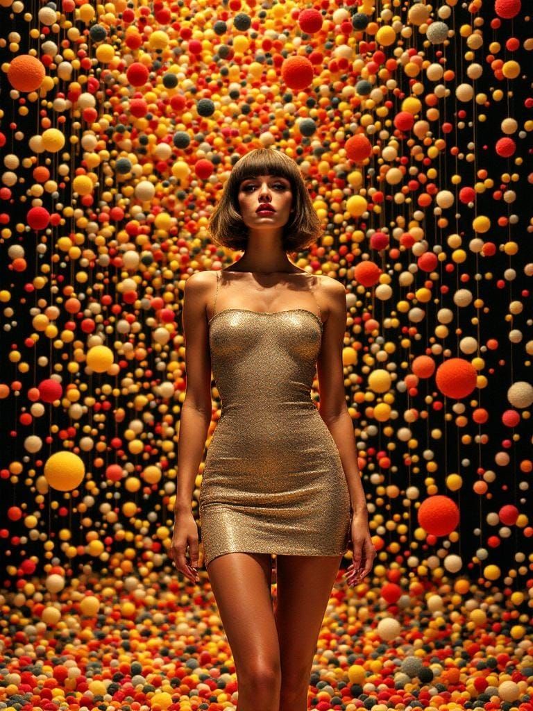 Swedish Woman in Gold Dress with Pointillist Pom-Poms