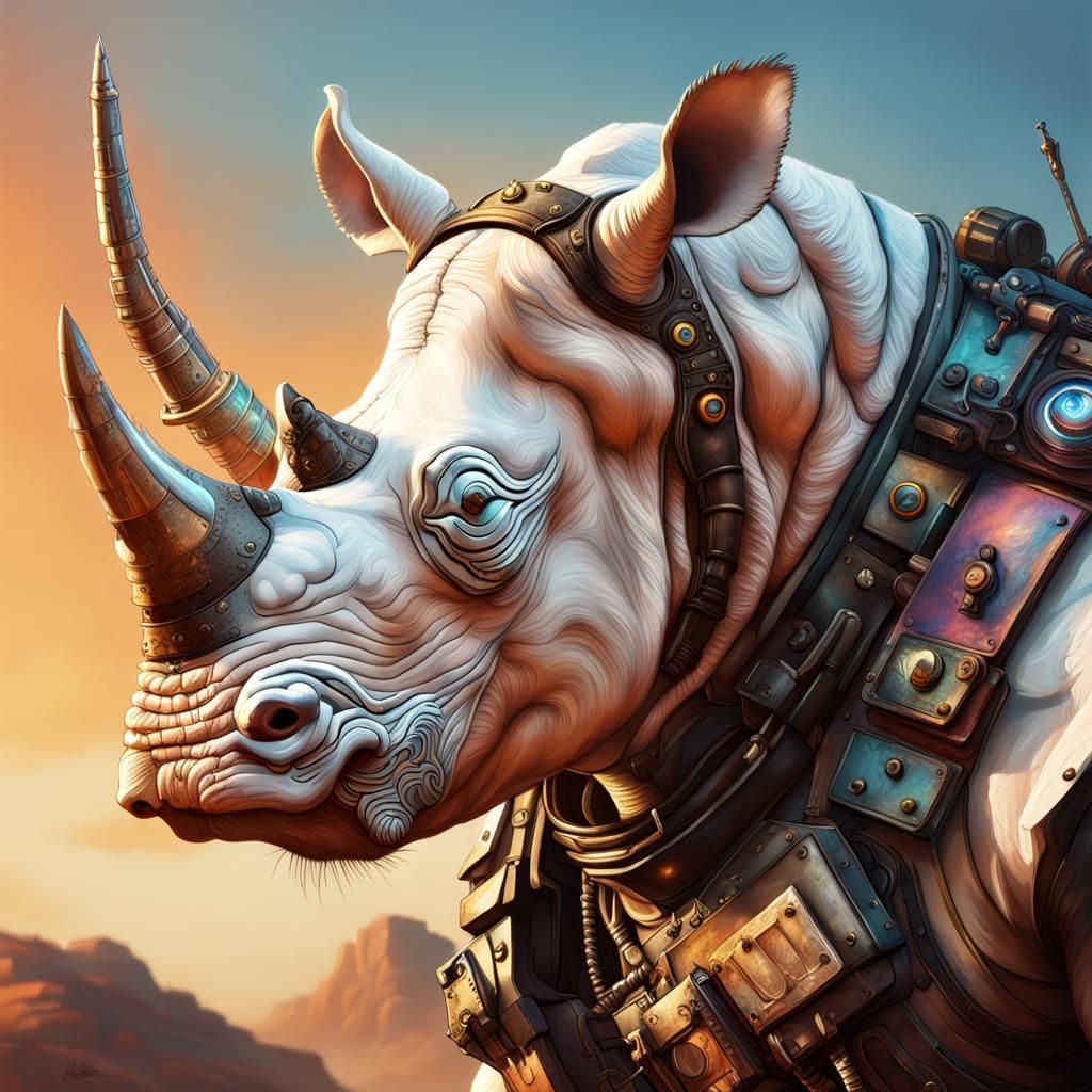 Steampunk Albino Rhino Bounty Hunter in Splash Art Style