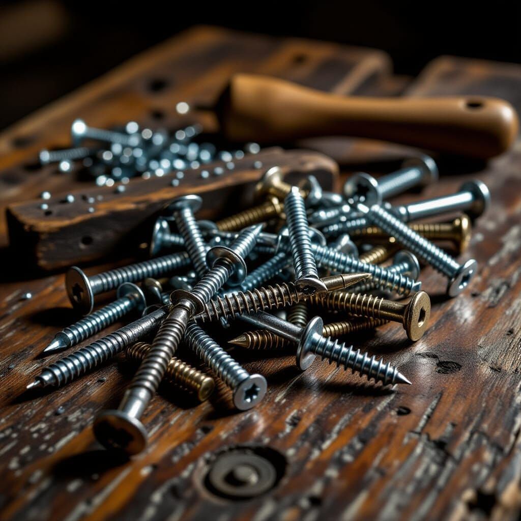 Artful Arrangement of Screws and Nails on Workbench