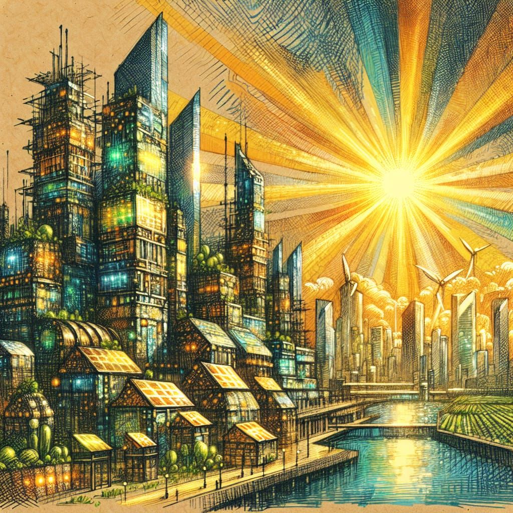 Eco-Friendly Solarpunk Cityscape in Hand-Drawn Style