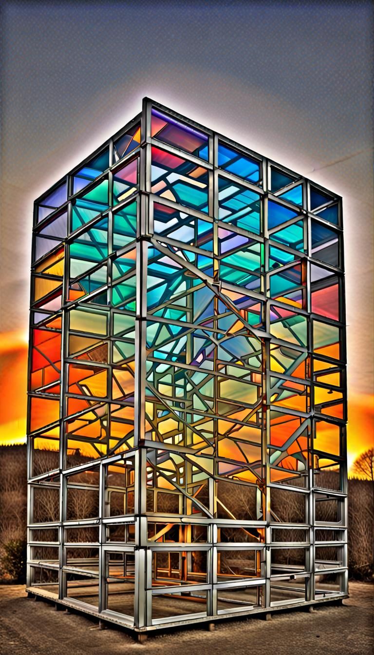 Prismatic Escher Structure with Rising Sun in Digital Art