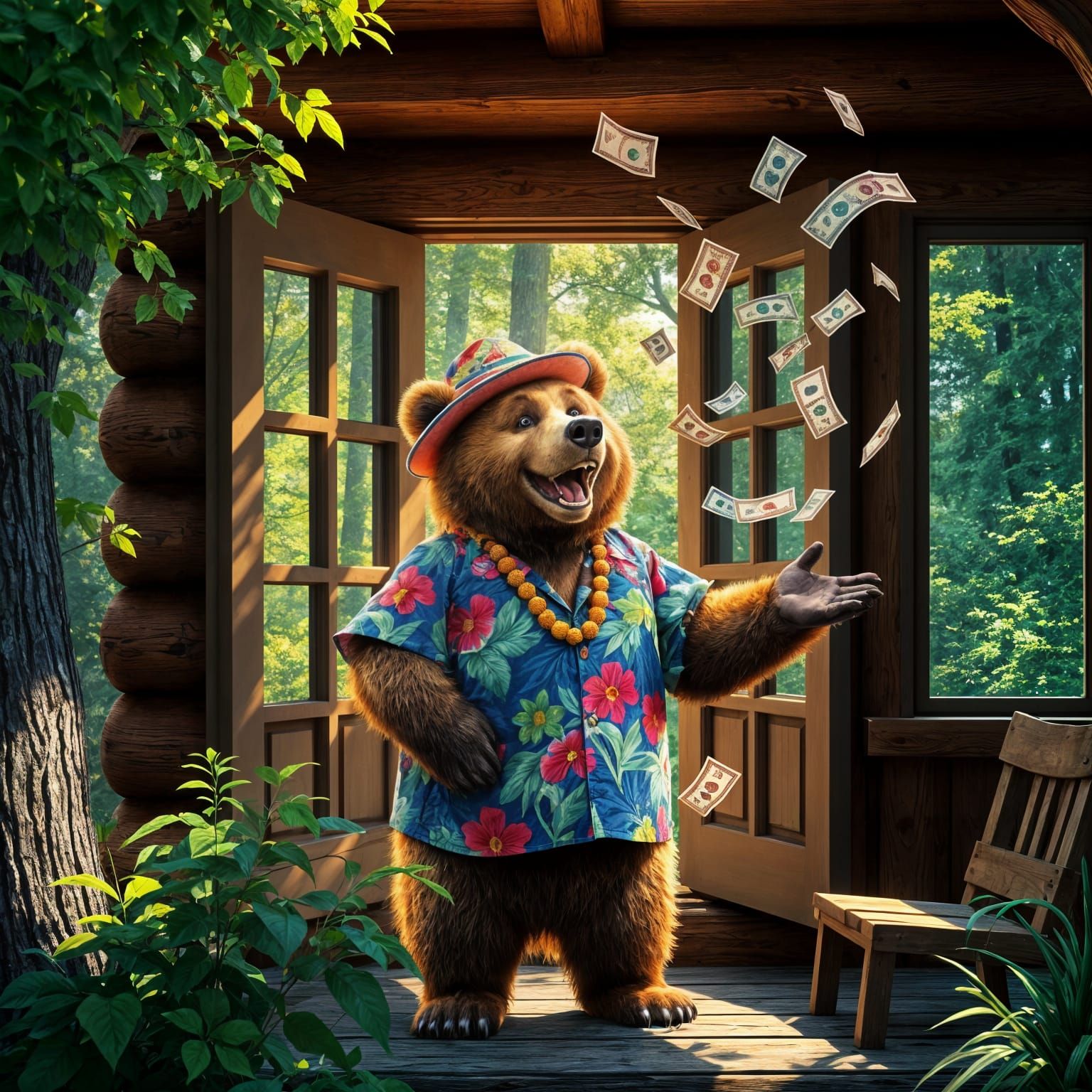 Happy Bear Tosses Money in Psychedelic Unreal Engine