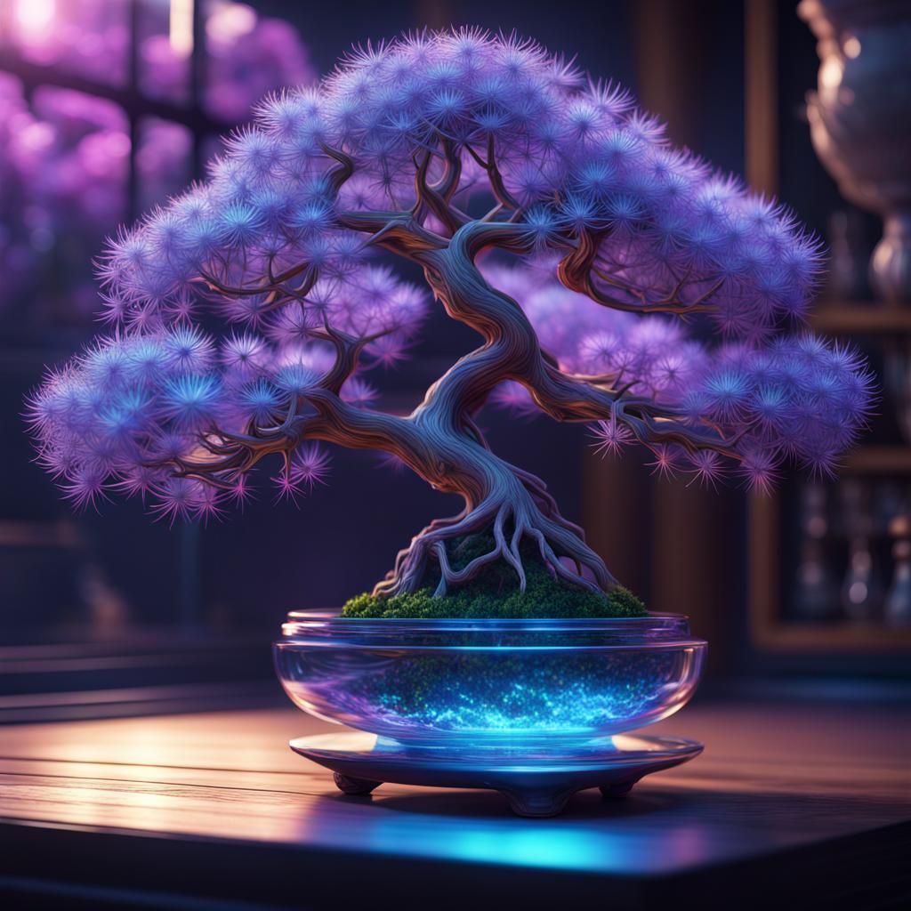 Holographic Bonsai Tree in Iridescent Glass