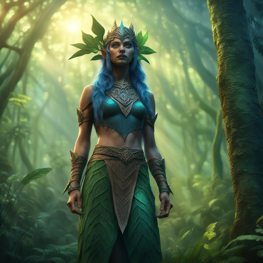 Jungle Elf Witch in Misty Clearing: Fantasy Art