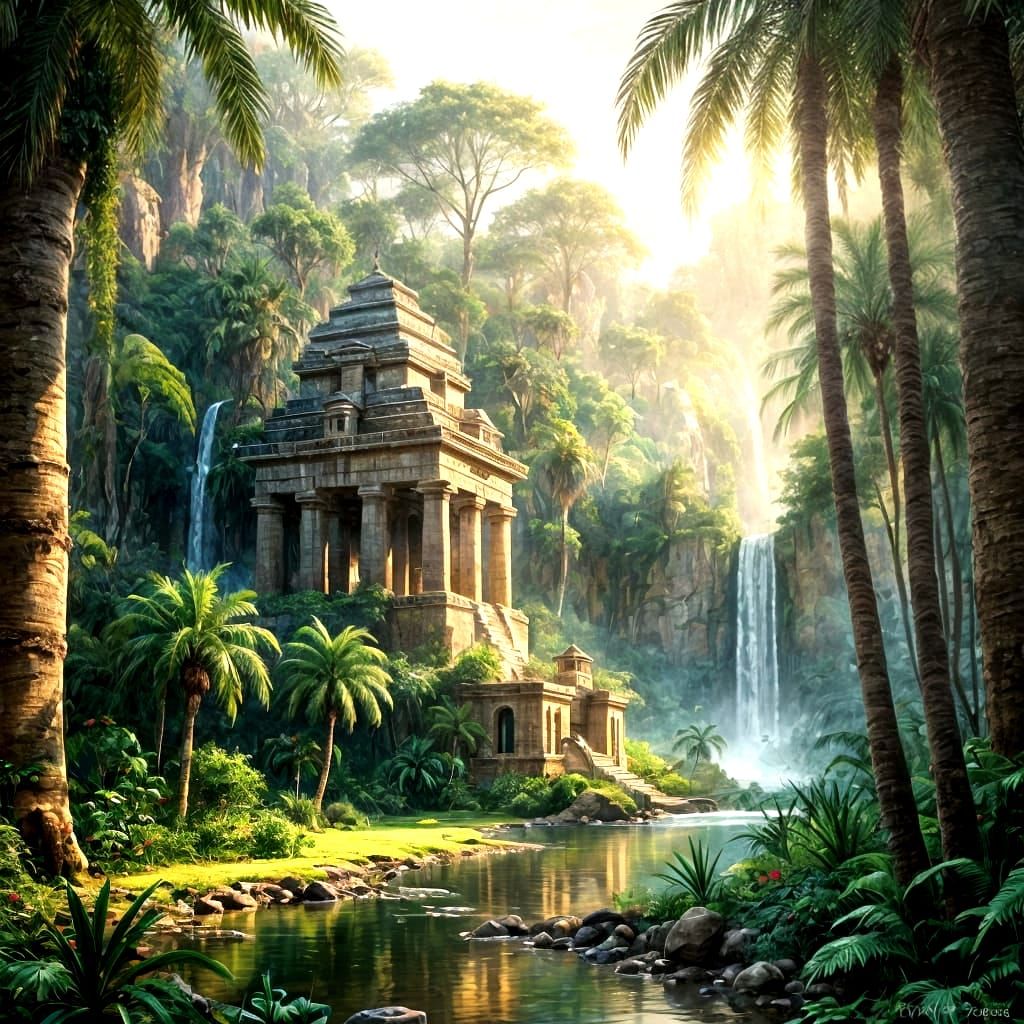 Mystical Egyptian Jungle Waterfall in Watercolor