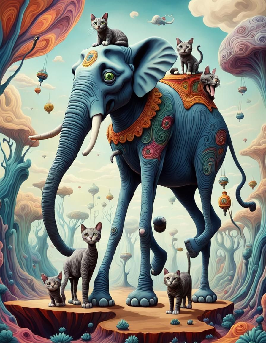 Three Skinny Cats Ride a Surreal Elephant