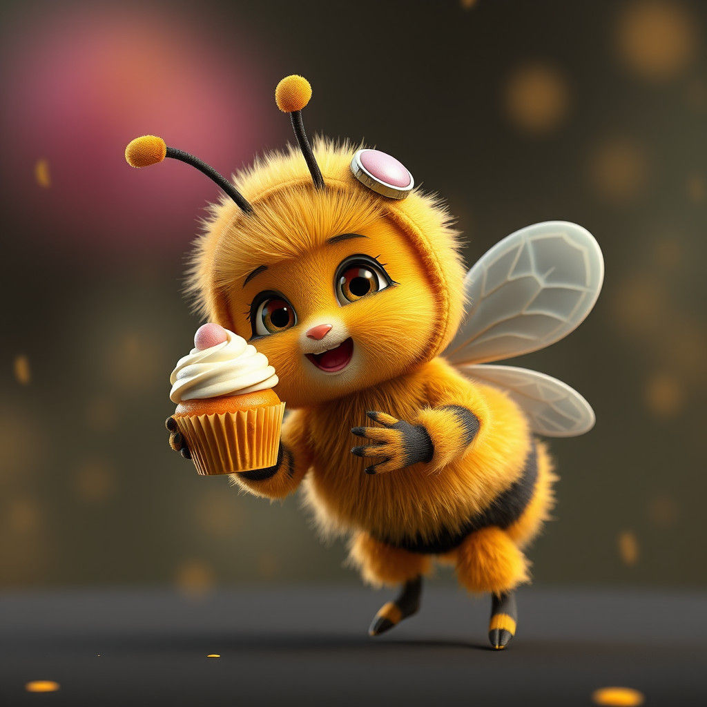 Fuzzy Bee Holding Cupcake: 3D Rendered Illustration