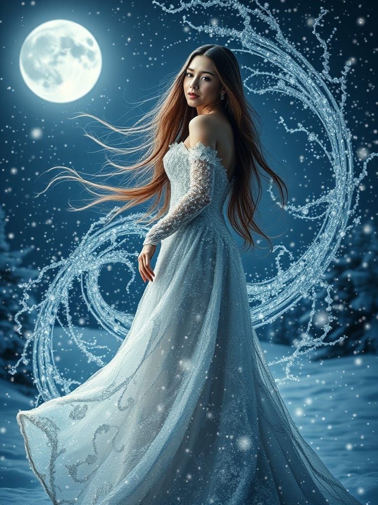 Ethereal Winter Goddess in Crystal Gown
