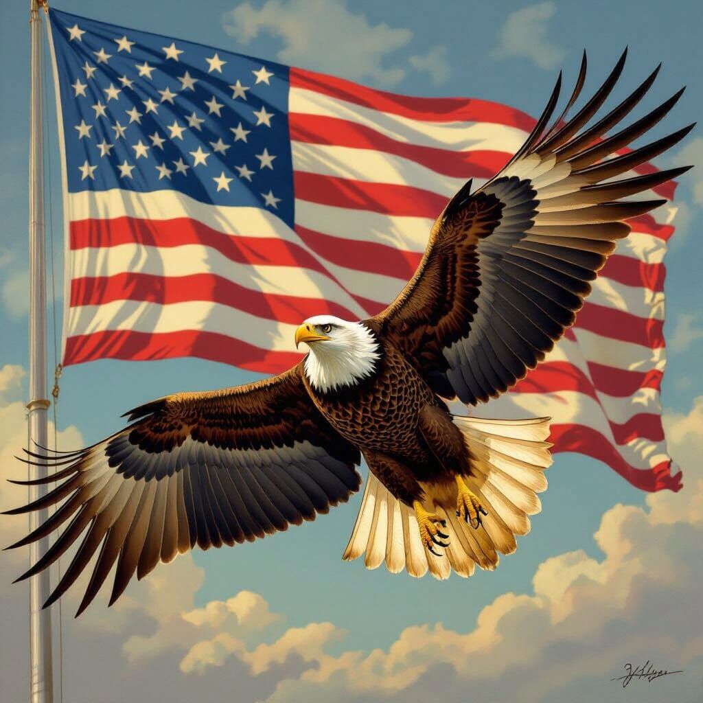 Golden Eagle Spreading Wings Before American Flag