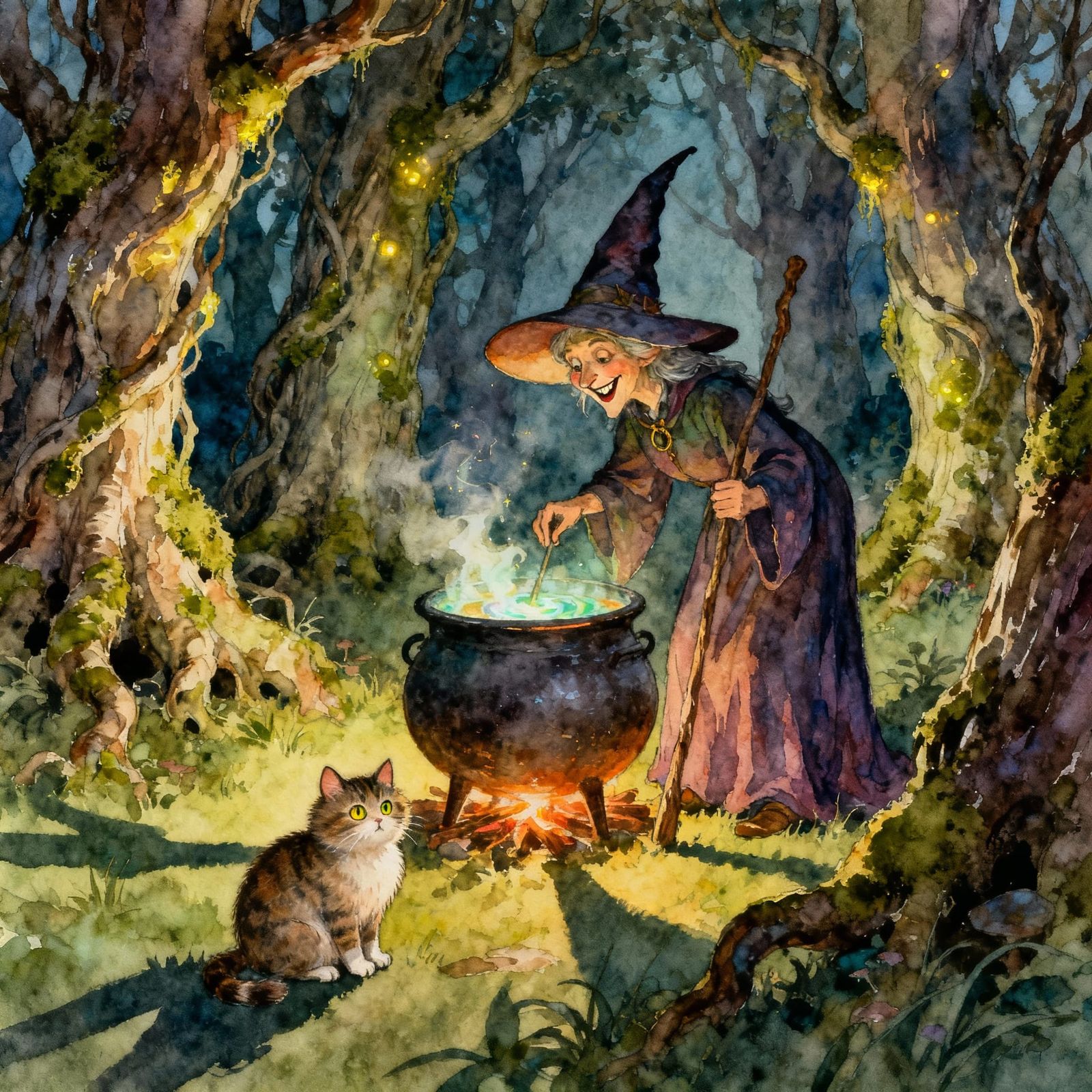 Whimsical Witch Brewing Potions with Cat in Enchanted Grove
