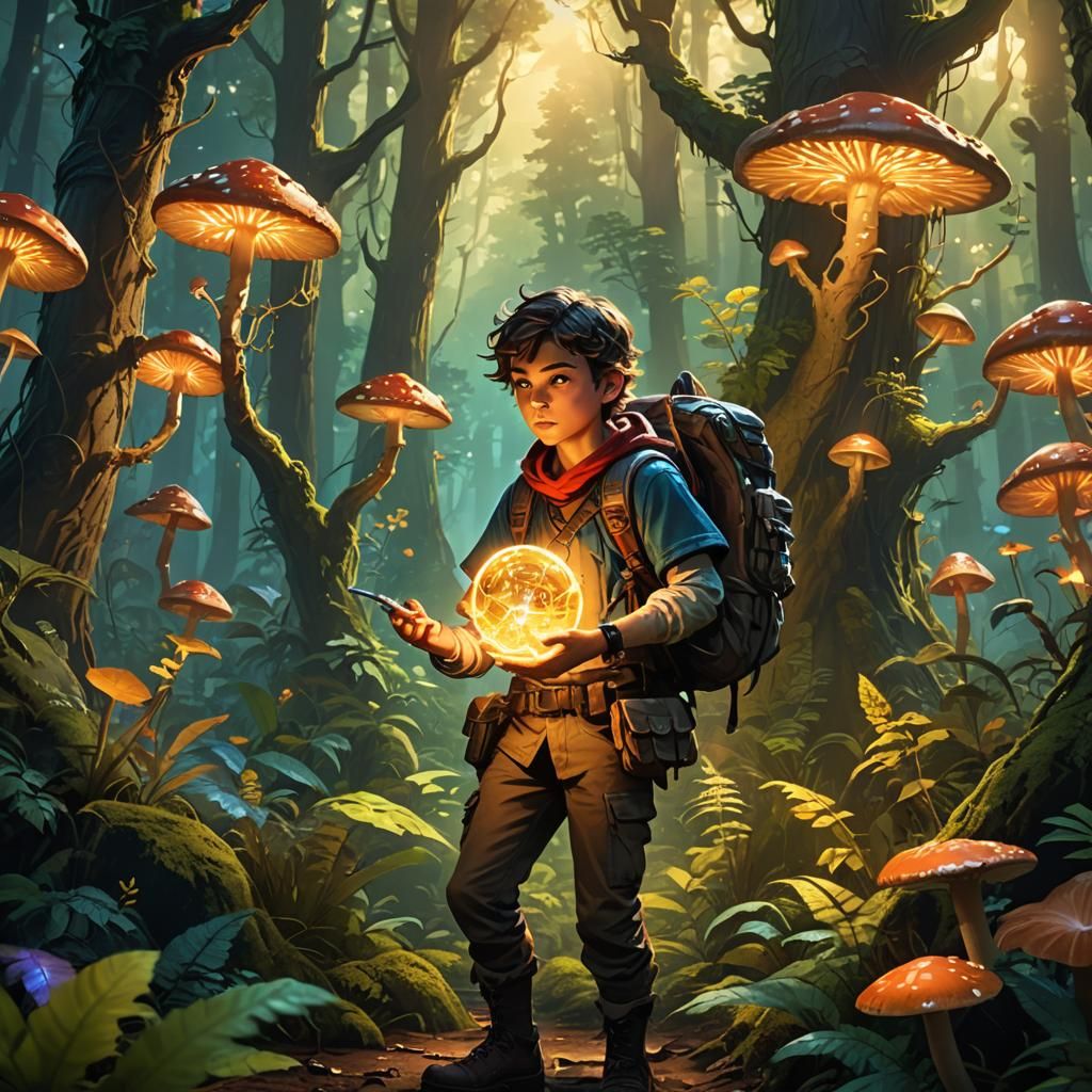 Mystical Forest: Young Adventurer with Glowing Artifact