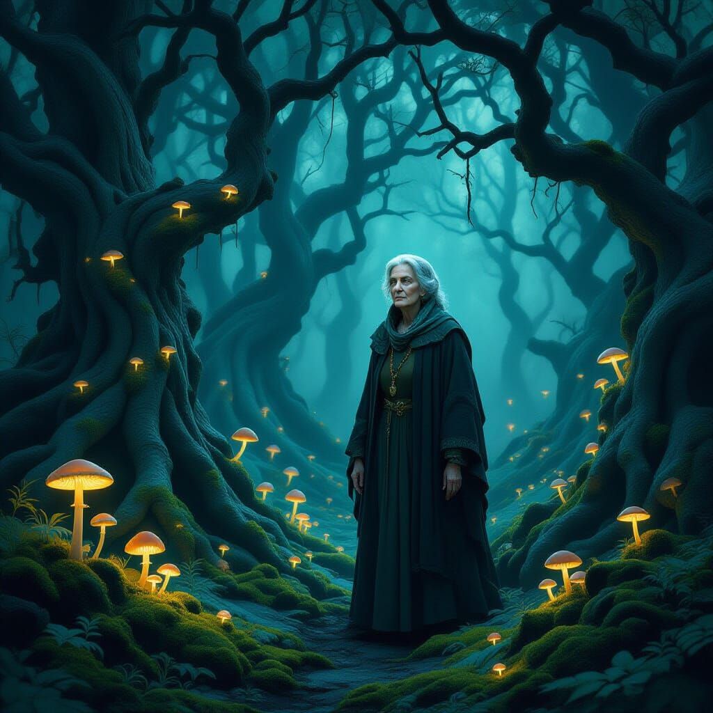 Mysterious Forest Encounter with Wise Elder in Surreal Style