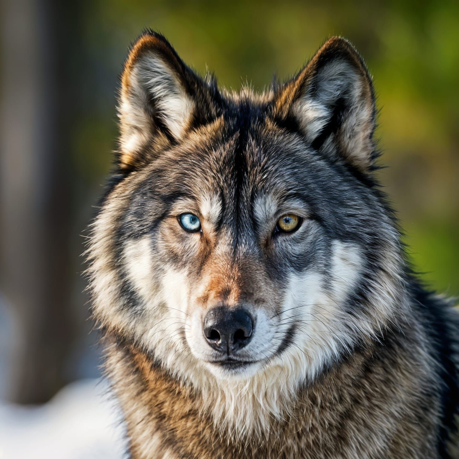 Odd-Eyed Wolf in Snowy Forest at Golden Hour