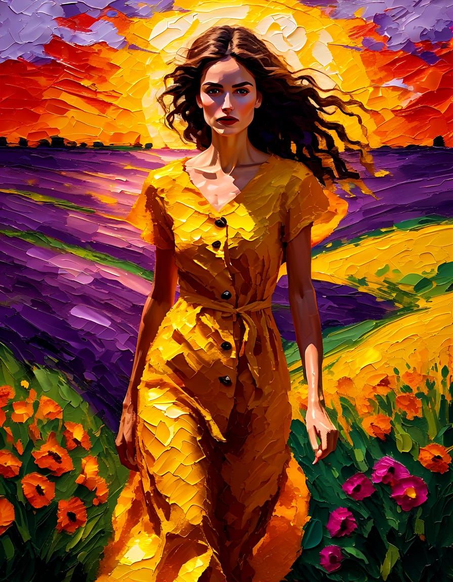 Brunette Woman in English Landscape, German Expressionism