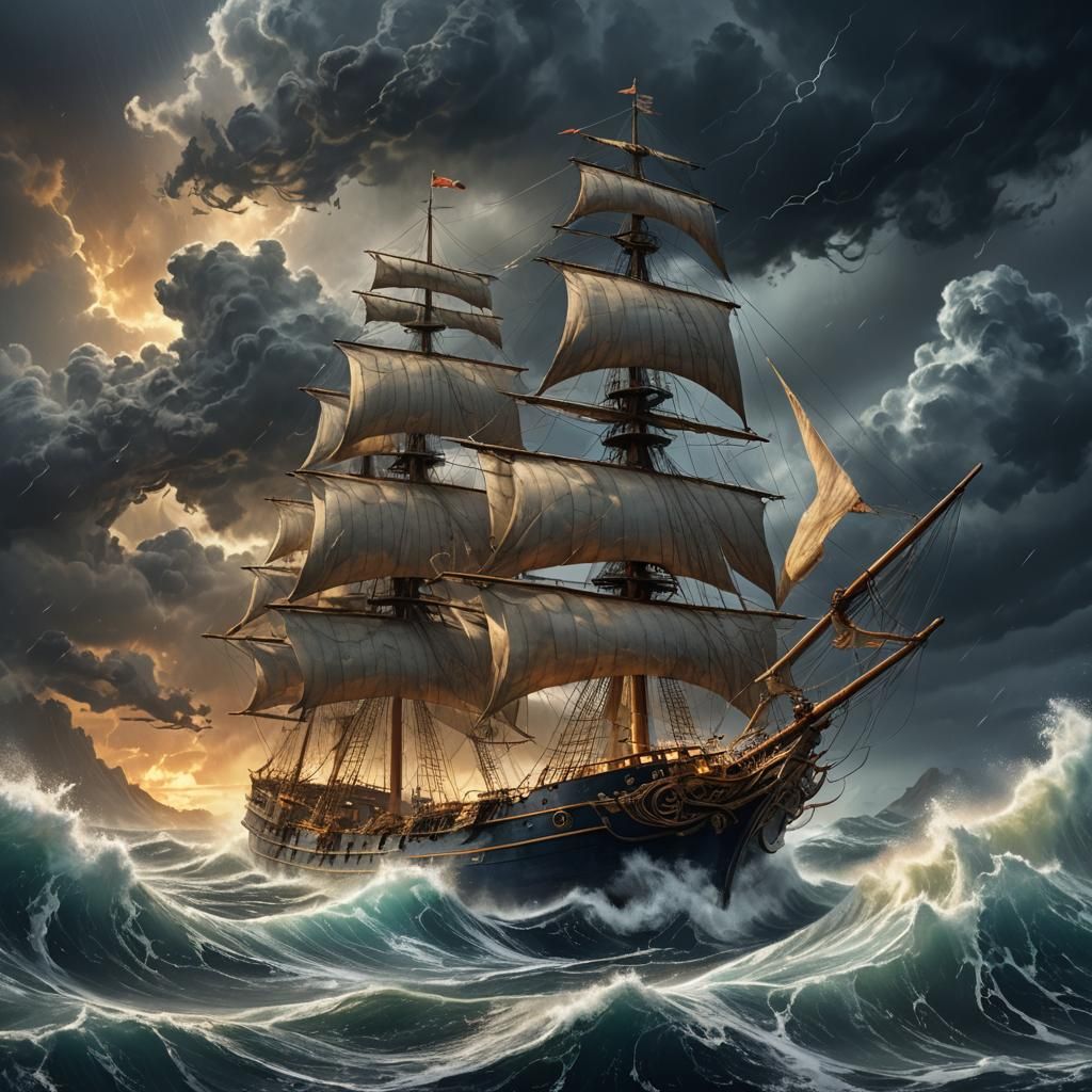 Majestic Ship Sails Through Stormy Seas