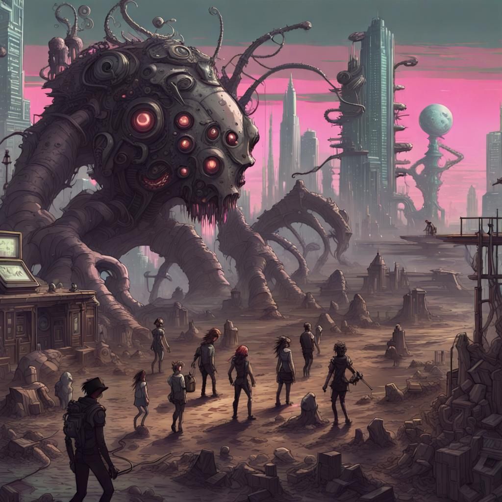 Monsters and Humans in Surreal Aetherpunk Scene