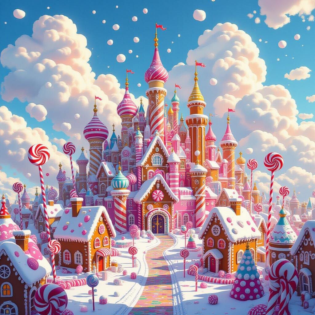 Vibrant Candy Cityscape Under Marshmallow Clouds