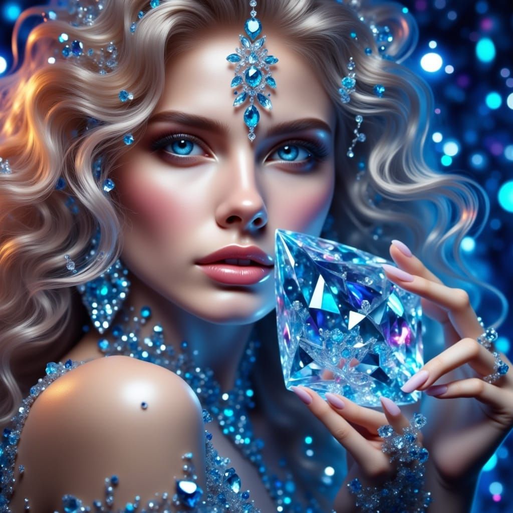 Crystalline Woman with Flowing Hair in Art Nouveau Style