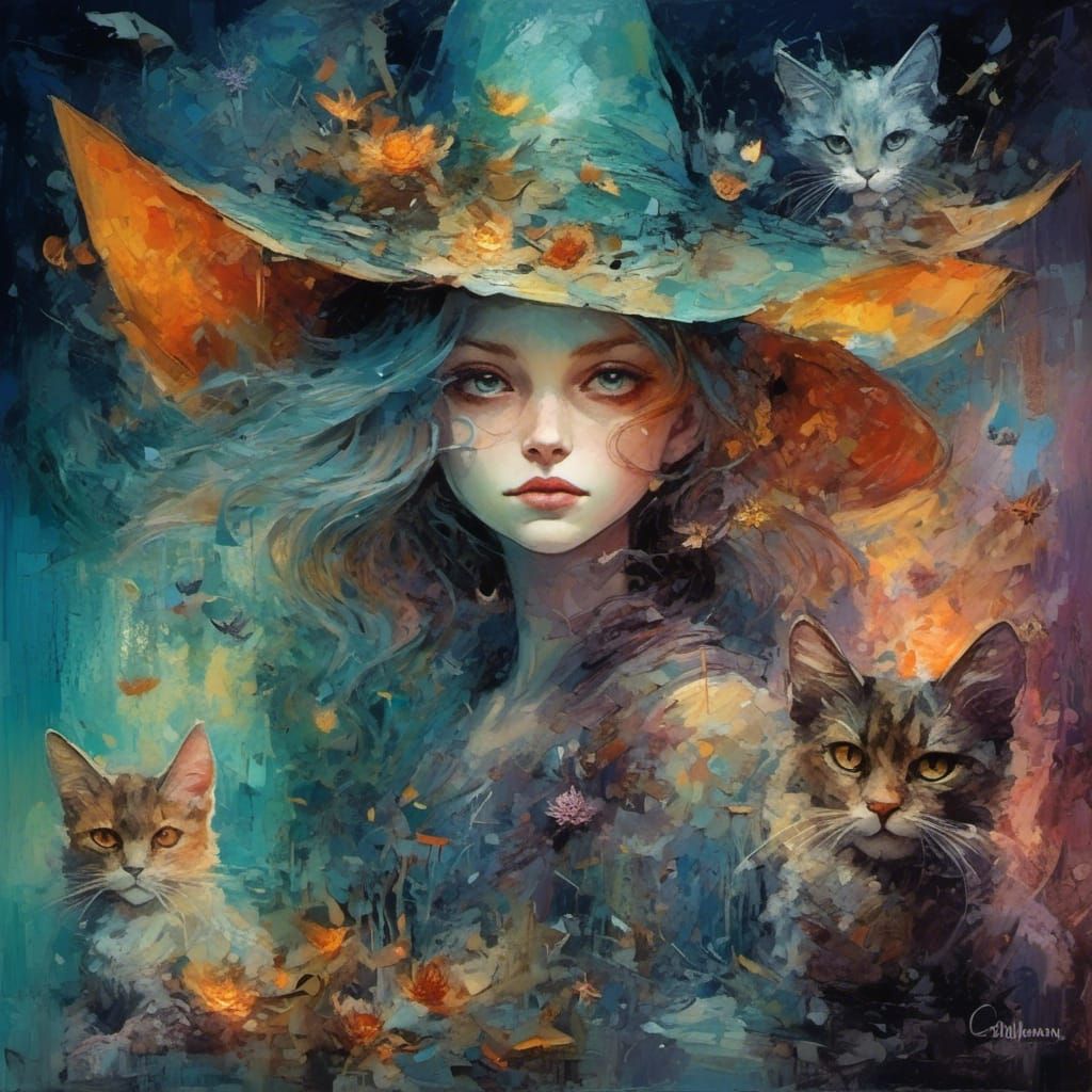 Enchanted Witch and Cat in Astral Cosmic Style