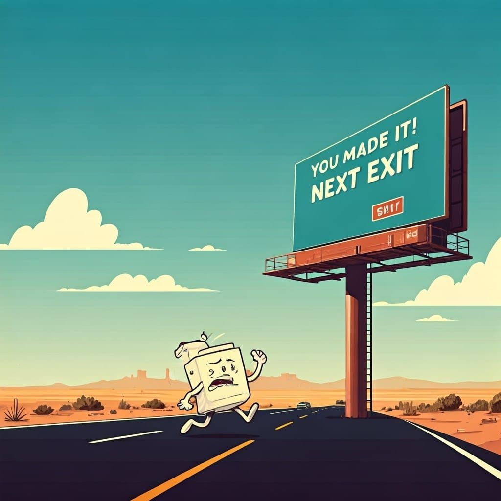 Cartoon Figure Celebrates Success on Desert Highway Billboar...