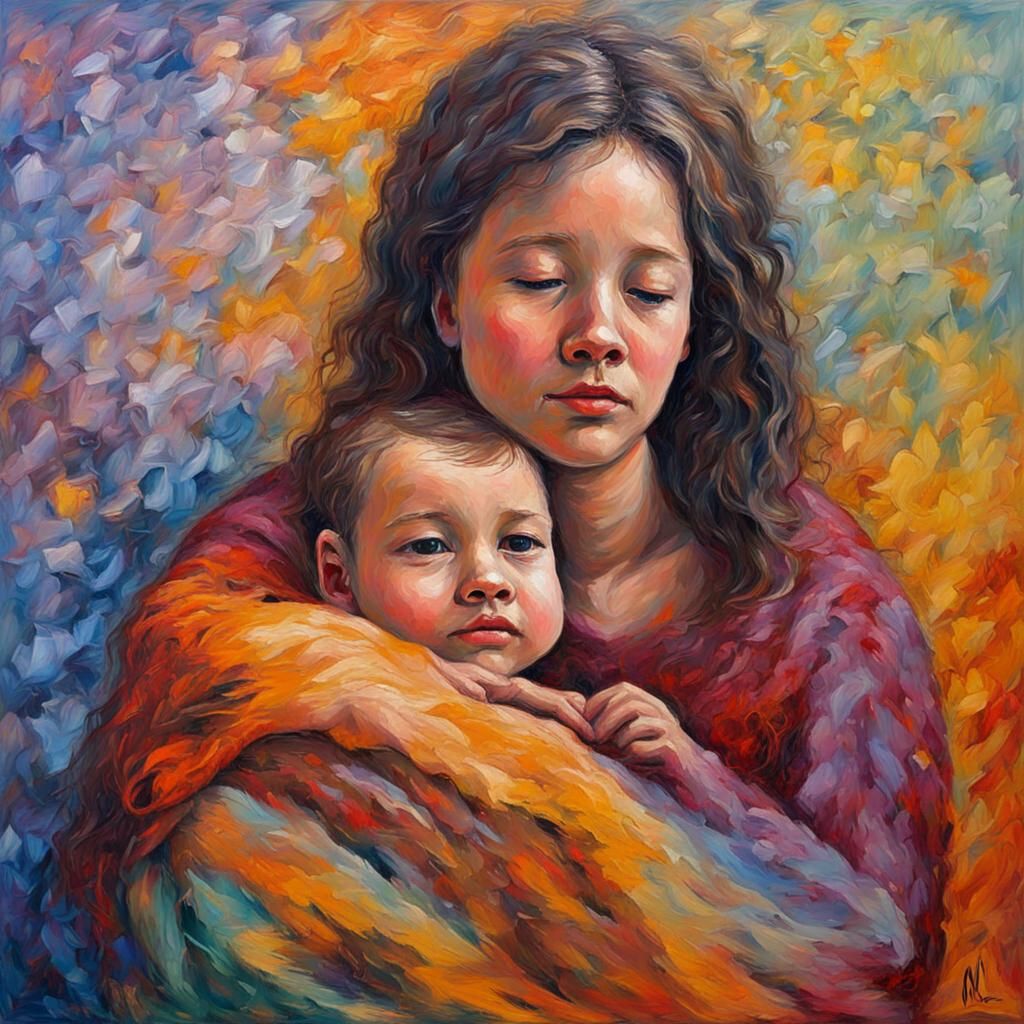 Neo-Impressionist Motherhood: Life's Challenges in Acrylic