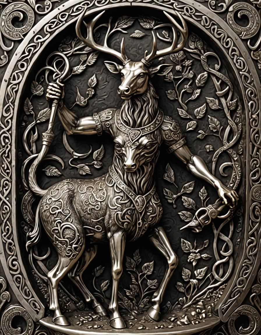 Cernunnos Playing Carnyx in Silver Relief