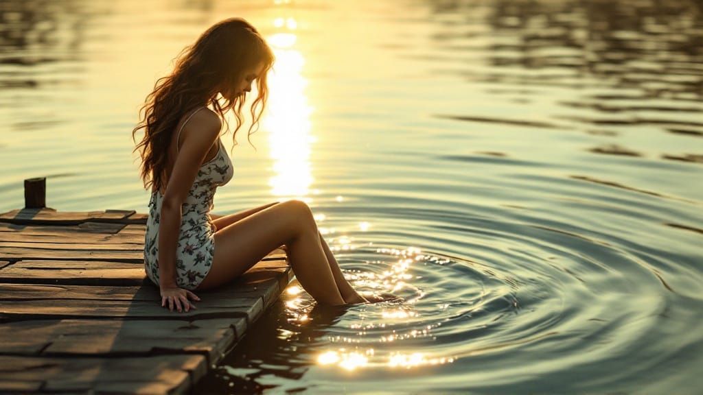 Serenely Beautiful Woman on Weathered Wooden Dock