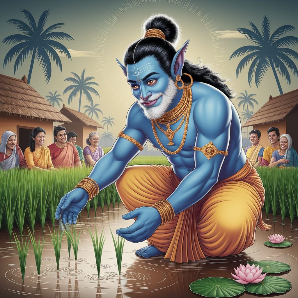 Kind Rakshasa Helping Farmers, Indian Miniature Painting Sty...