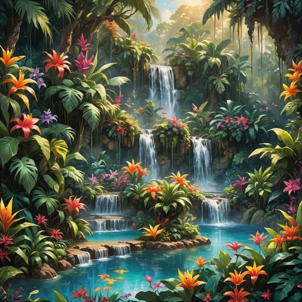Tropical Waterfall Fantasy Art in Triadic Colors