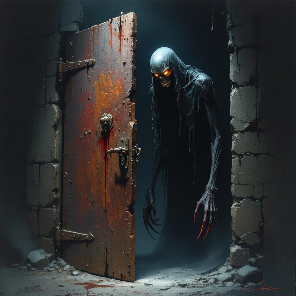 Dark Fantasy Illustration of Emaciated Figure Behind Rusty D...