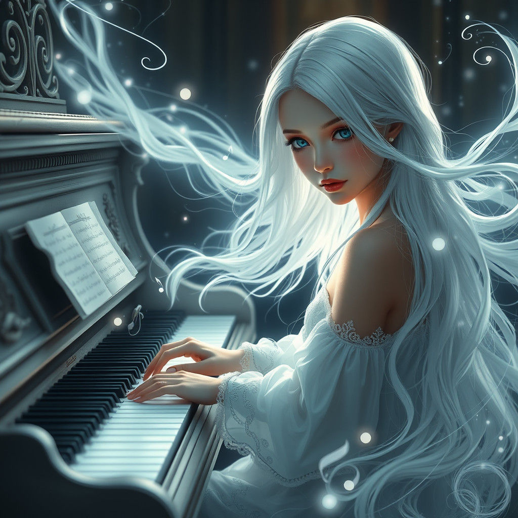 Ethereal Girl with White Hair Plays Piano