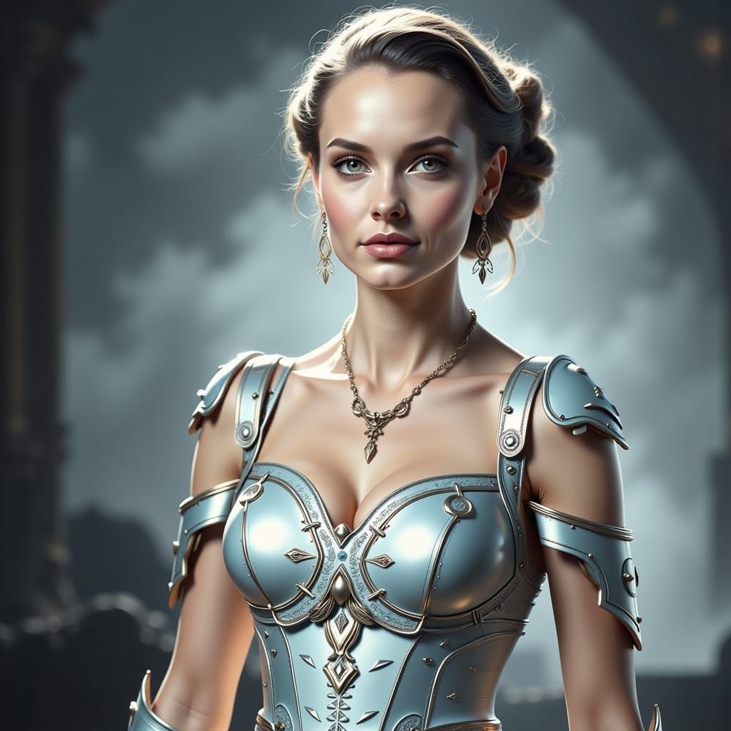 Elegant Woman in Silk Dress with Dark Steel Aesthetic