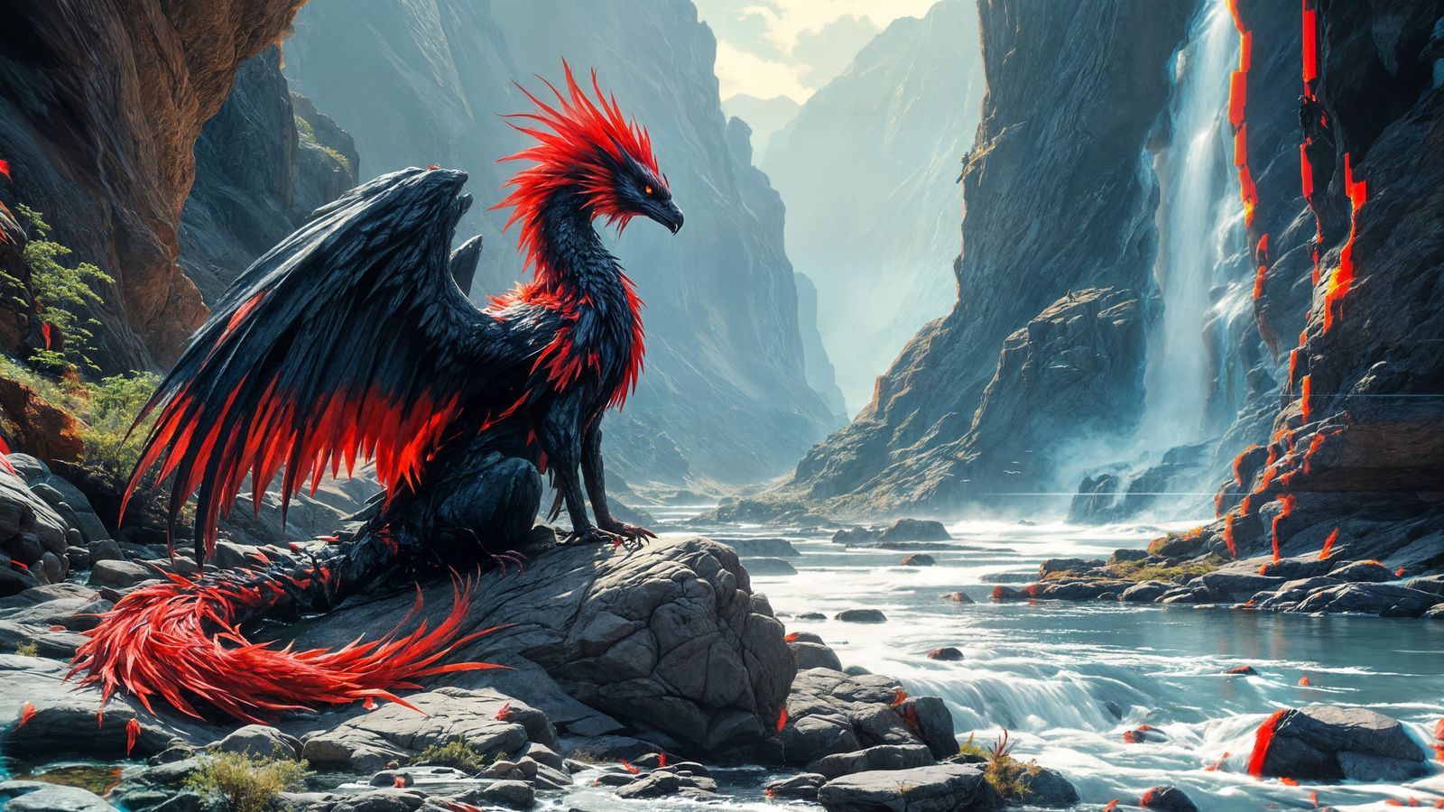 Glitched Phoenix Dragon Reigns Over Cyberpunk Canyon