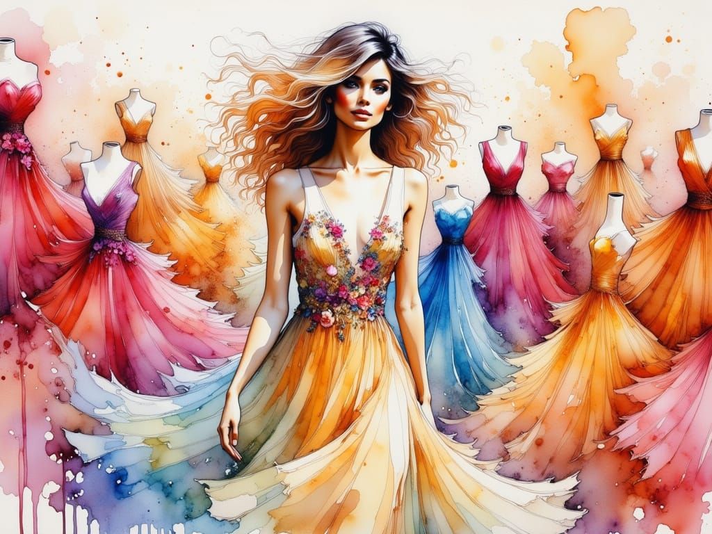 Whimsical Woman in Watercolor Party Dress Dreamscape