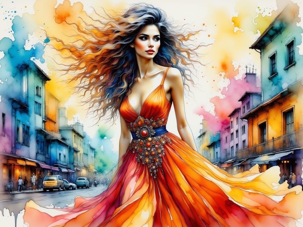 Whimsical Woman in Watercolor and Ink