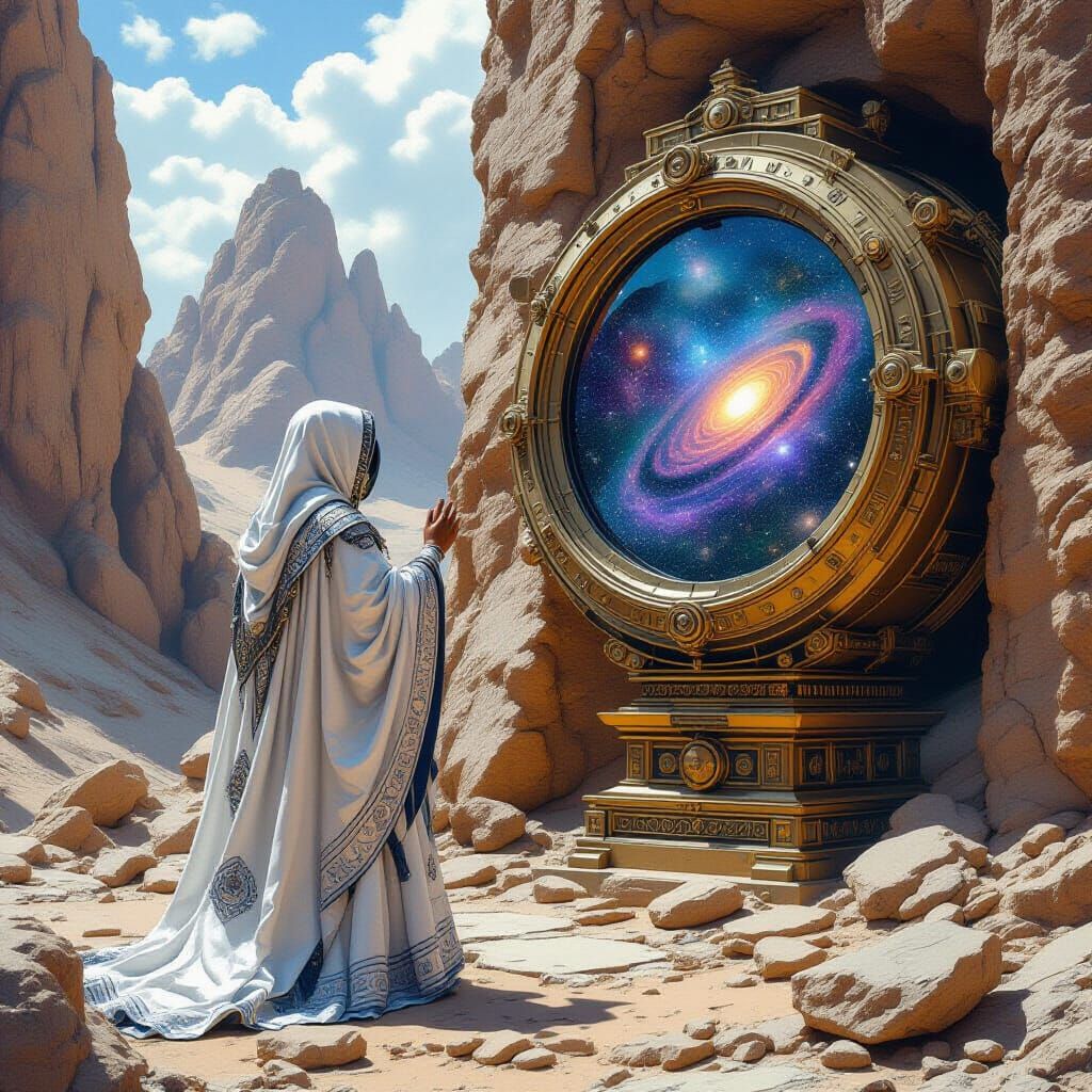 Alien Astronomer Observes Galaxies in Desert Landscape