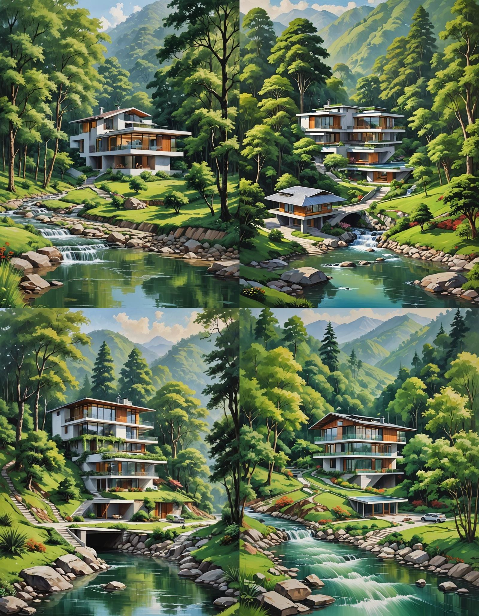 Modern Green Home by Flowing Stream: Oil Painting