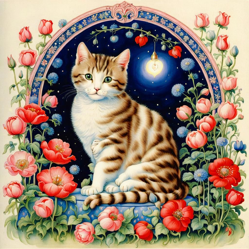 Cute Cat with Flowers in Gothic Style
