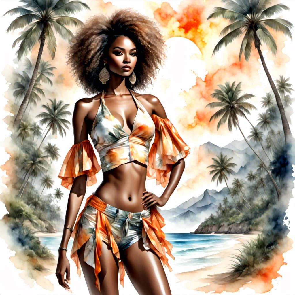 Confident Woman with Afro in Lush Tropical Setting