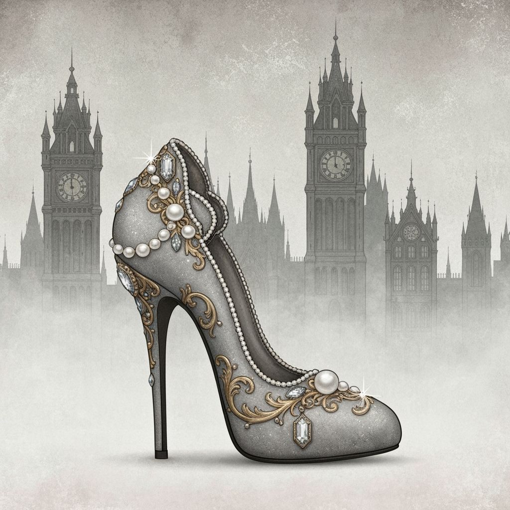 Ornate Gothic Shoe with Gold Filigree in Misty Cityscape