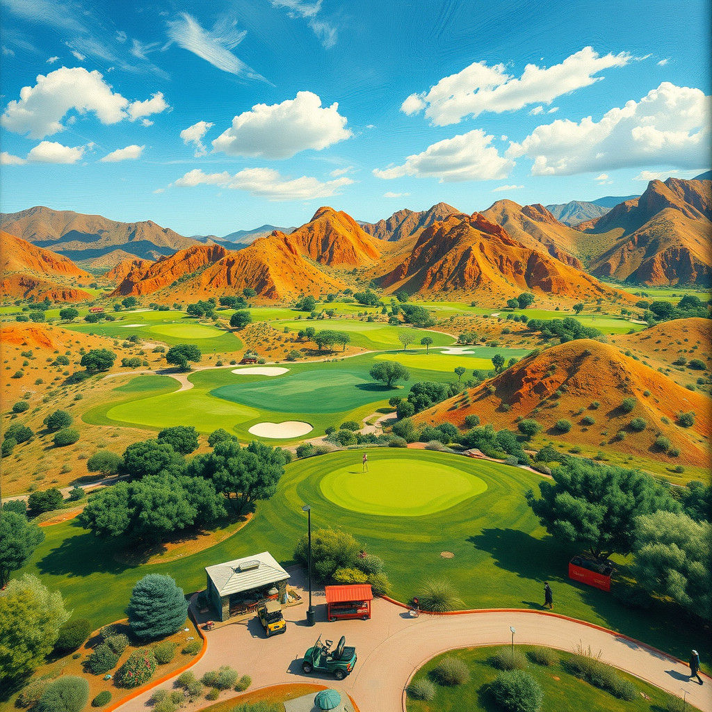 Golf Courses Among Rocky Hills in Gouache Style
