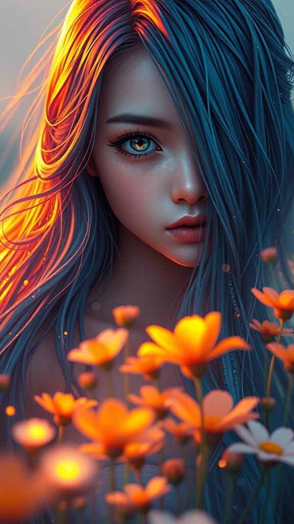 Anime style. Extreme close up. A girl with long flowing hair...