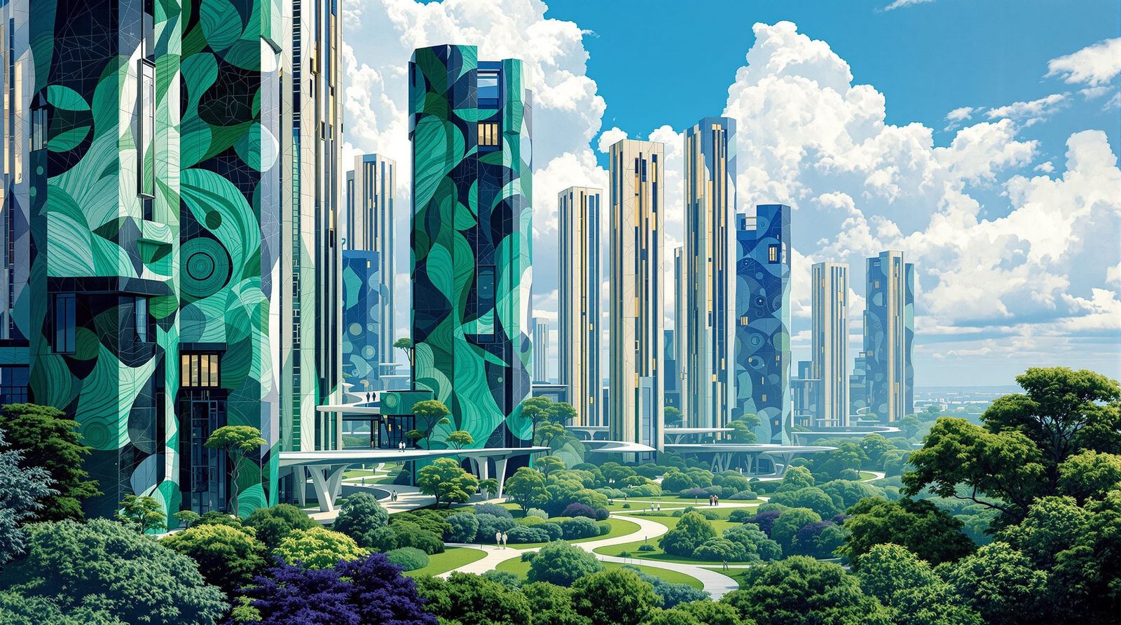 Futuristic Malachite Towers in Art Nouveau Style