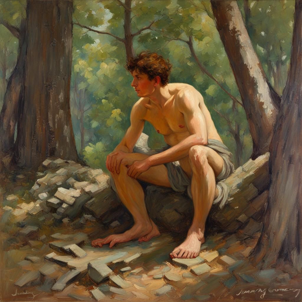 Young Man in Forest, Oil Painting Style