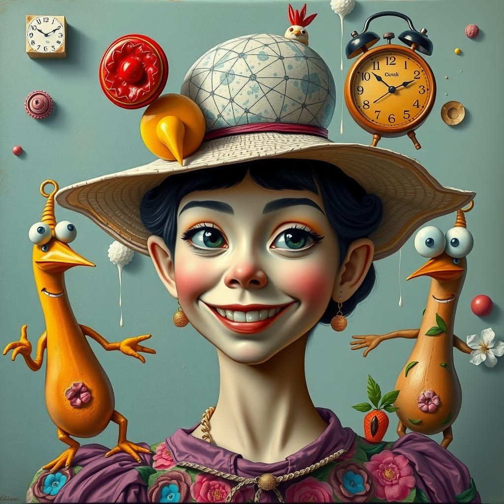 a bizarre pop surrealism piece featuring the girl with an ov...