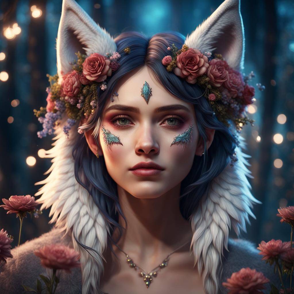 Wolf-faced Woman with Flowers, Detailed Matte Painting
